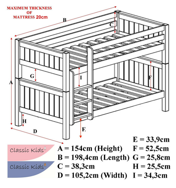 technical line drawing specifications for the Classic Kids Bunk Bed ...