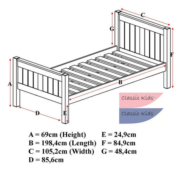 technical line drawing specifications for the Classic Kids Single Bed ...