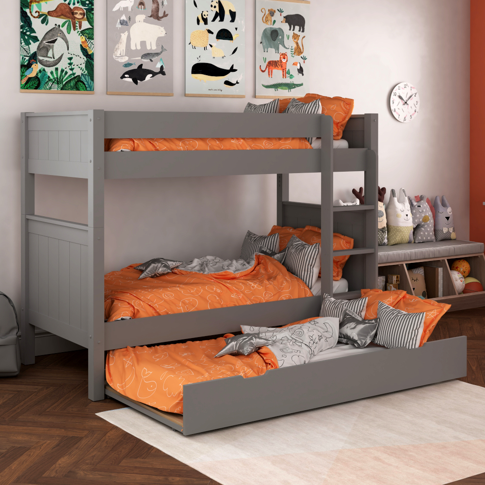 Classic Kids Bunk Bed  in Grey with full size trundle bed including a free trundle mattress
