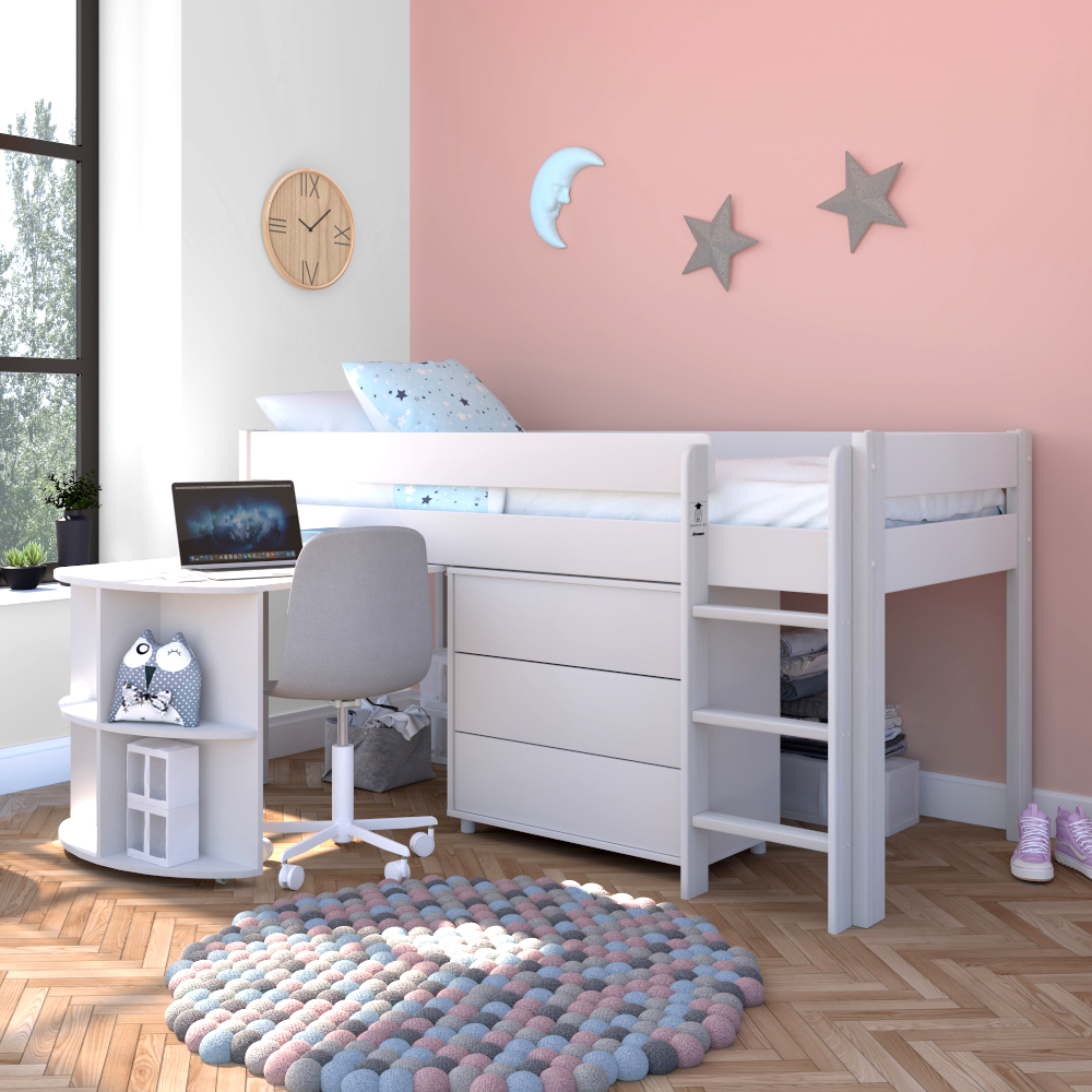 Uno White Midsleeper with Pull Out Desk and 3 Drw Chest 