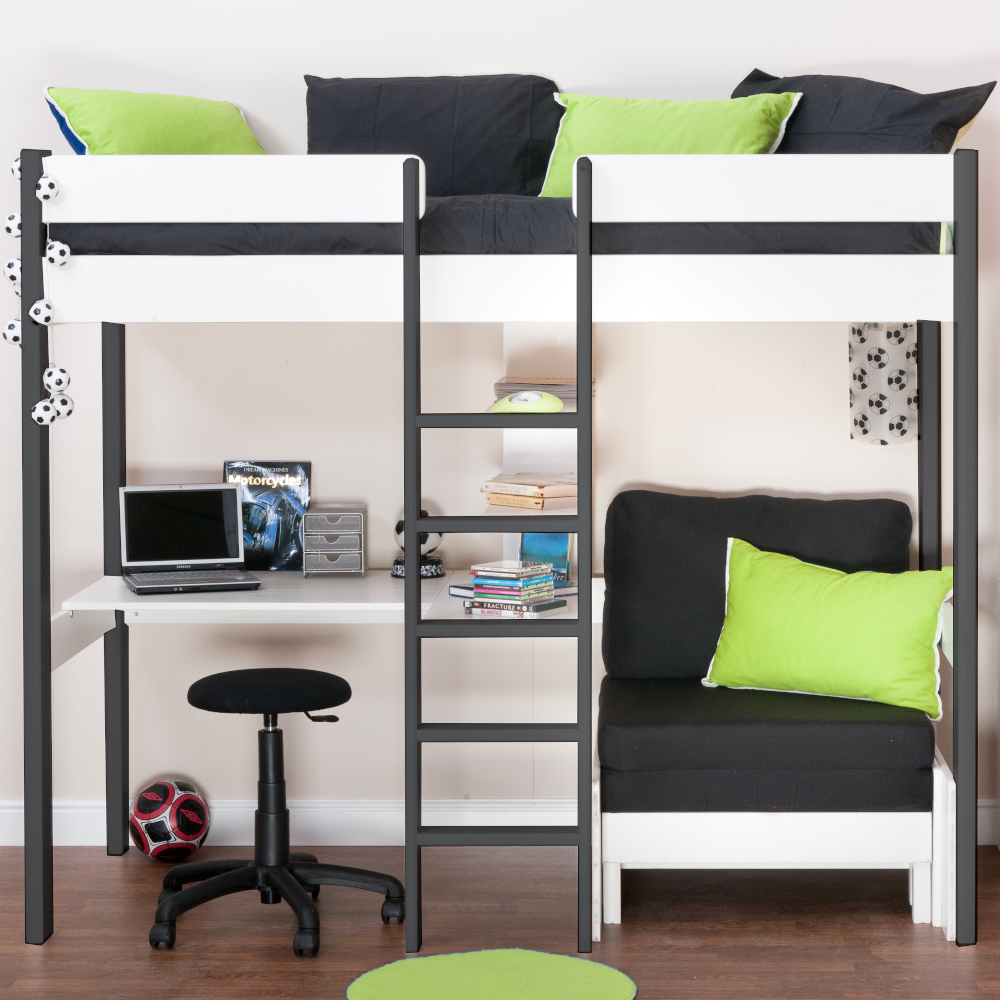 Uno 5 Nero Highsleeper with Desk + Pullout Chairbed with Black Cushion Set