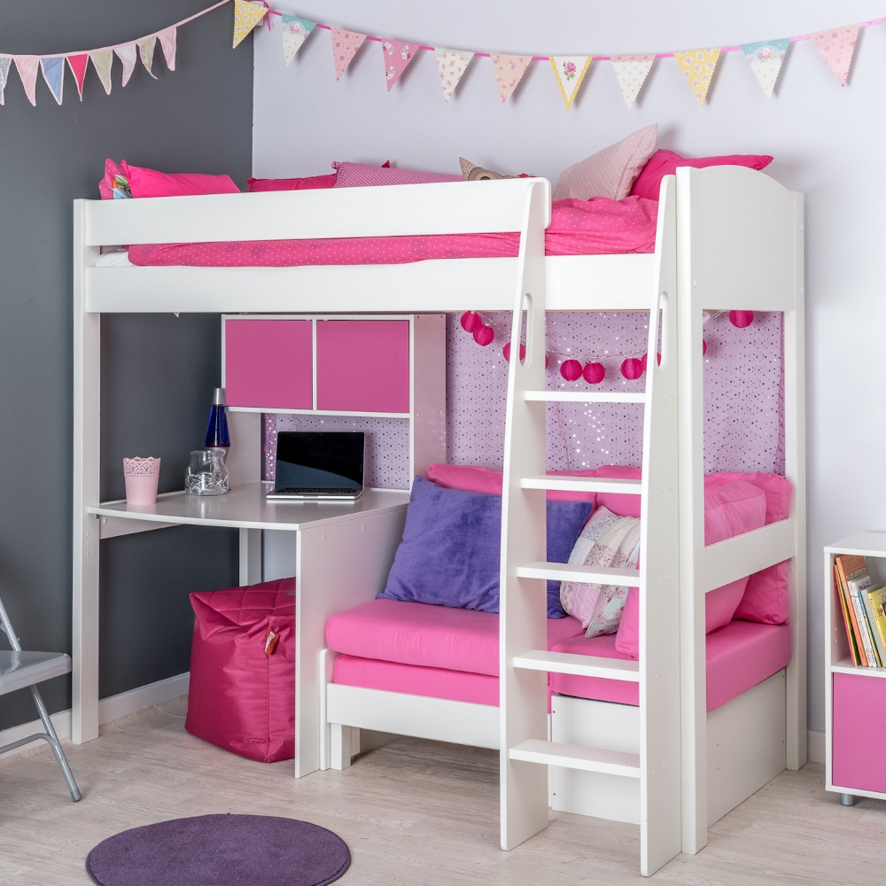 UnoS23 Highsleeper with Sofa Bed in Pink  Fixed Desk and Hutch with two pink doors