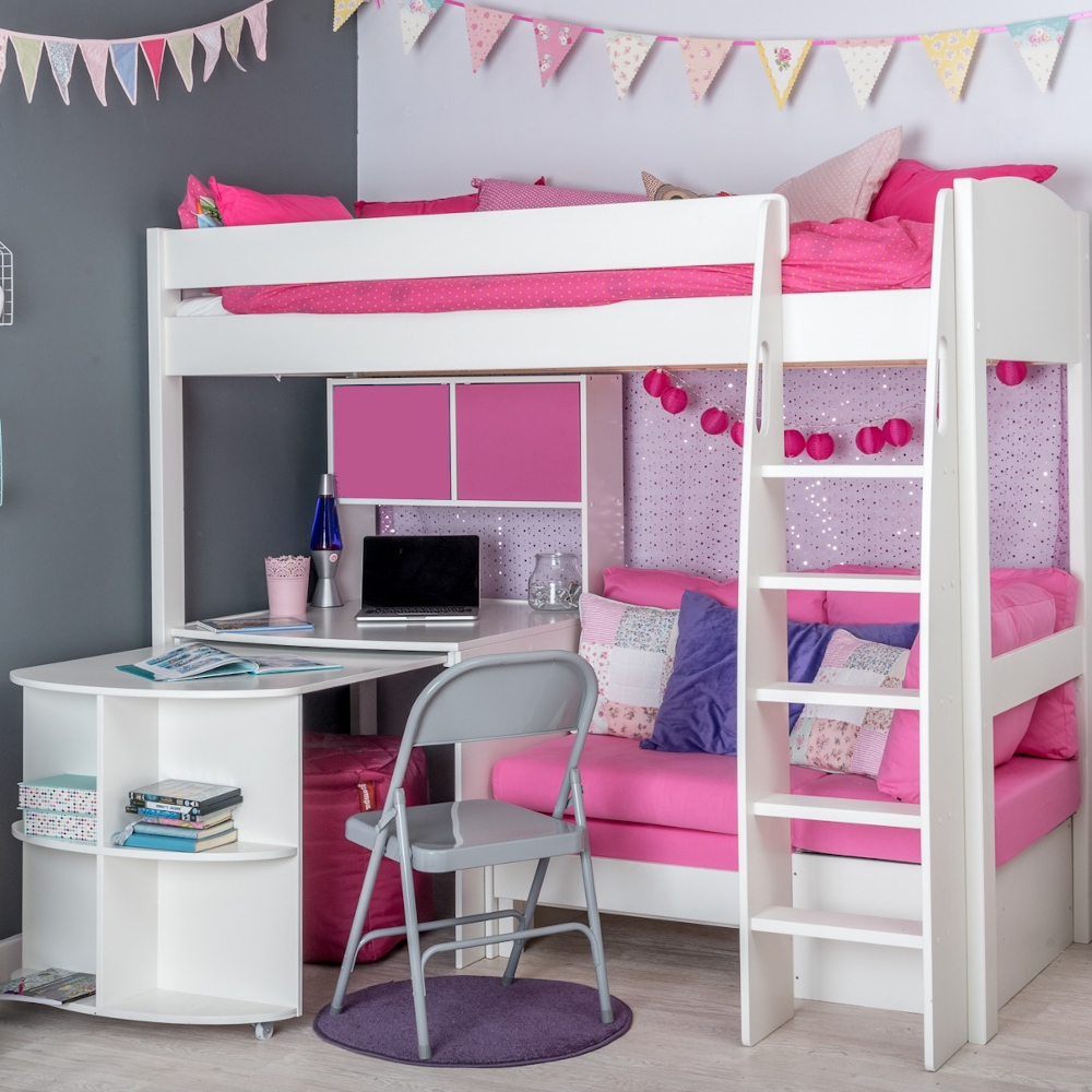UnoS25 Highsleeper with Sofa Bed in Pink  Fixed Desk  Pull Out Desk and Hutch with two pink doors