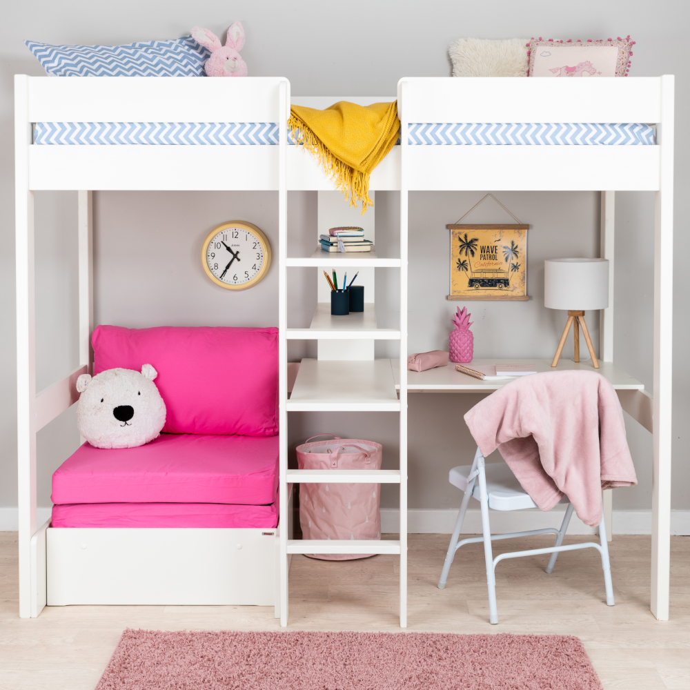 Uno 5 White Highsleeper with Desk + Pullout Chairbed with Pink Cushion Set