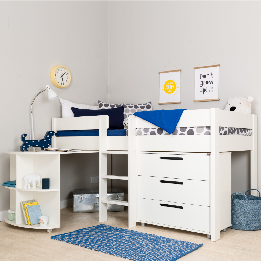 Stompa Compact Mid Sleeper + Pull Out Desk + 3 Drawer Chest