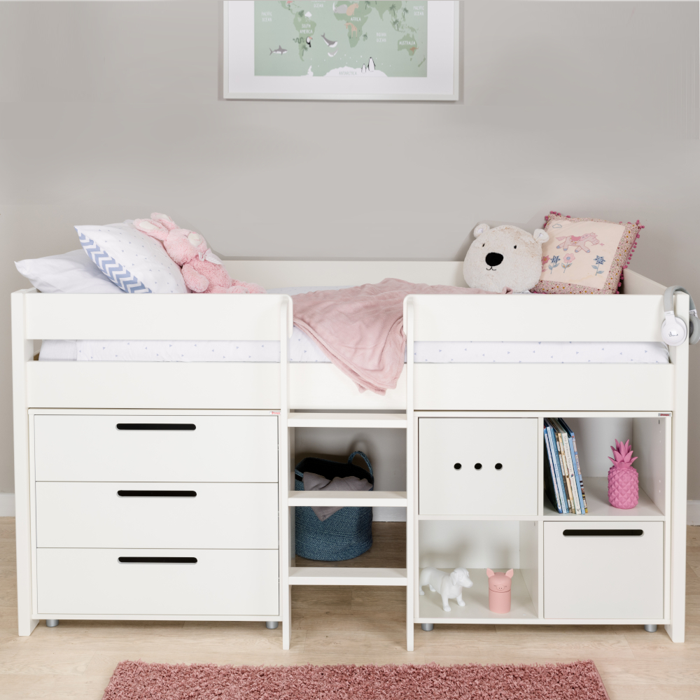 Stompa Compact Mid Sleeper + Cube Unit + 2 White Doors + 3 Drawer Chest