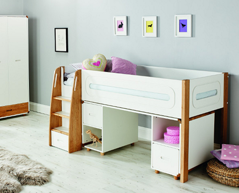 Curve Midsleeper with Desk and Cube Unit with 2 pairs of White Doors