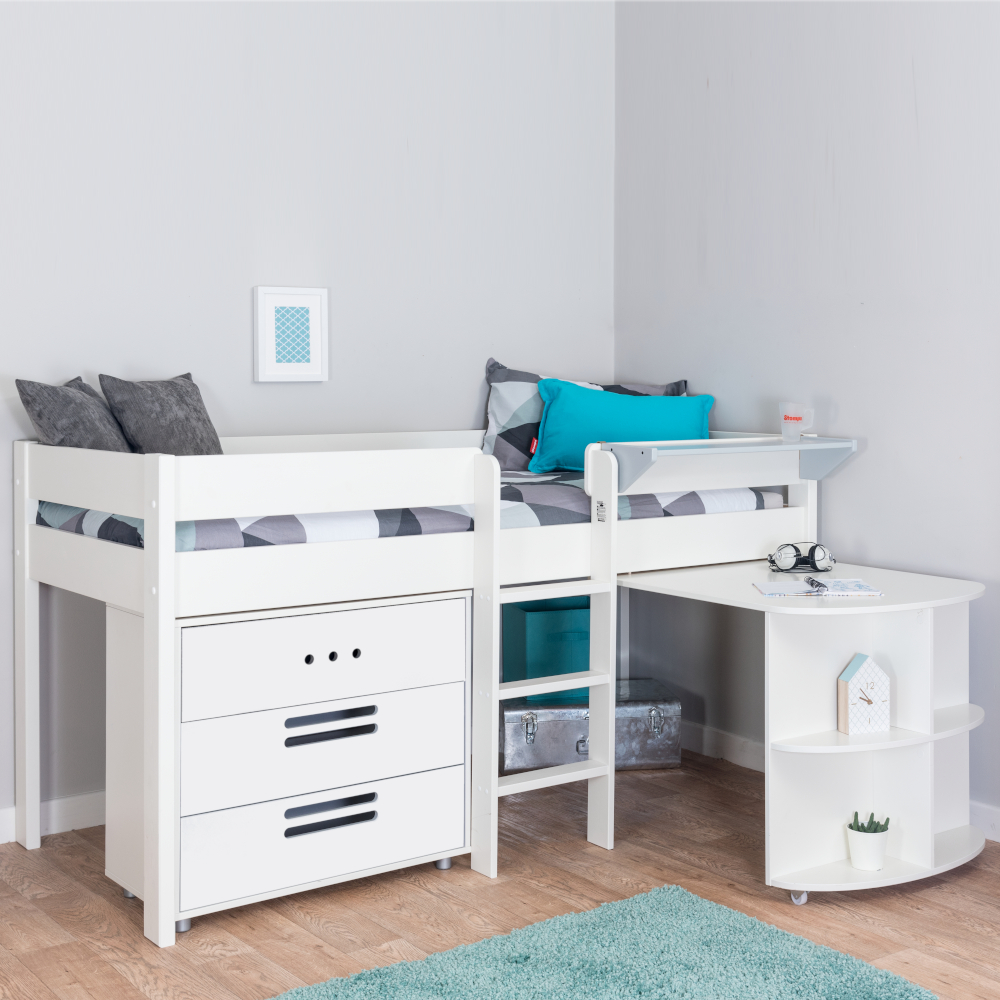 Stompa Duo Mid Sleeper White Incl Pull Out Desk + 1 Chest Of Drawers