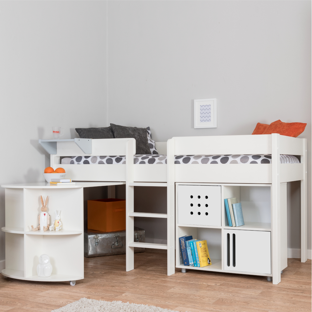 Stompa Duo Midsleeper White + Pull Out Desk + Cube 2 Doors White