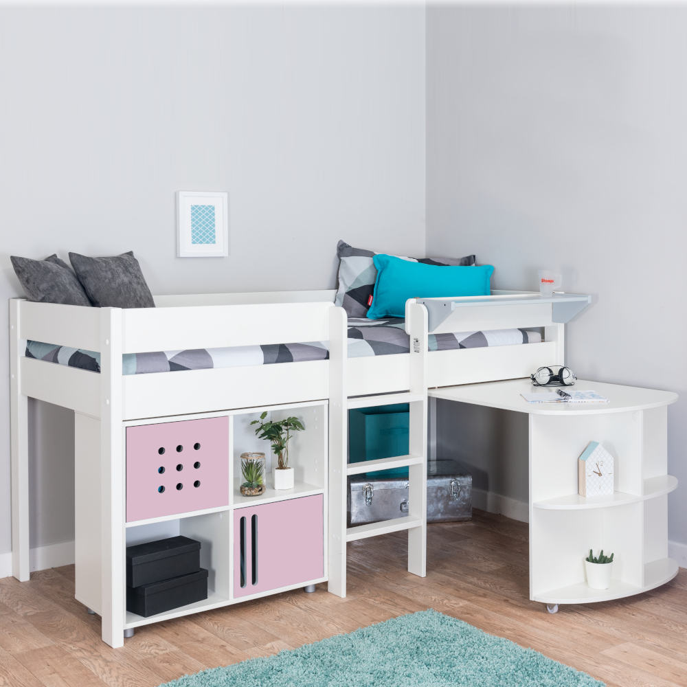Stompa Duo Midsleeper White + Pull Out Desk + Cube 2 Doors Pink