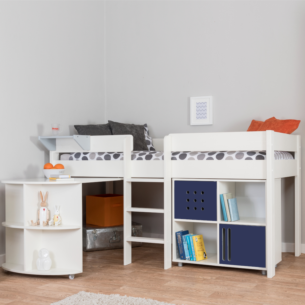 Stompa Duo Midsleeper White + Pull Out Desk + Cube 2 Doors Navy
