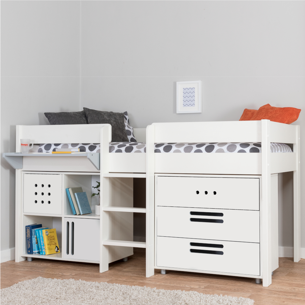 Stompa Duo Mid Sleeper + Multi Cube with 2 Doors White and 3 Drawer Chest