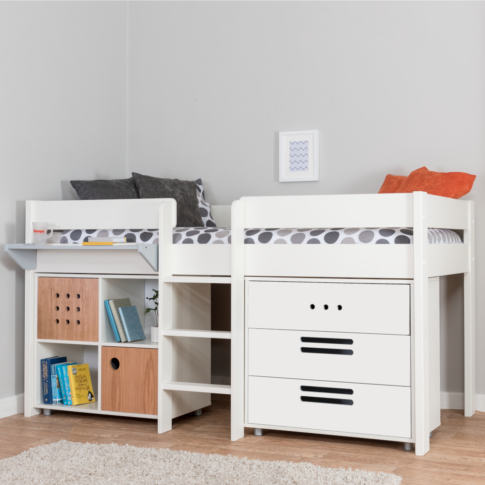 Stompa Duo Mid Sleeper + Multi cube with 2 Doors Oak and 3 Drawer Chest