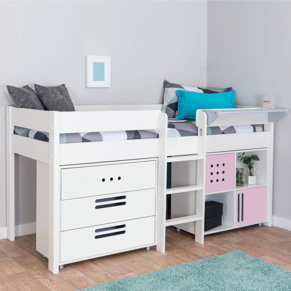 Stompa Duo Mid Sleeper + Multi Cube with 2 Pink Doors and 3 Drawer Chest