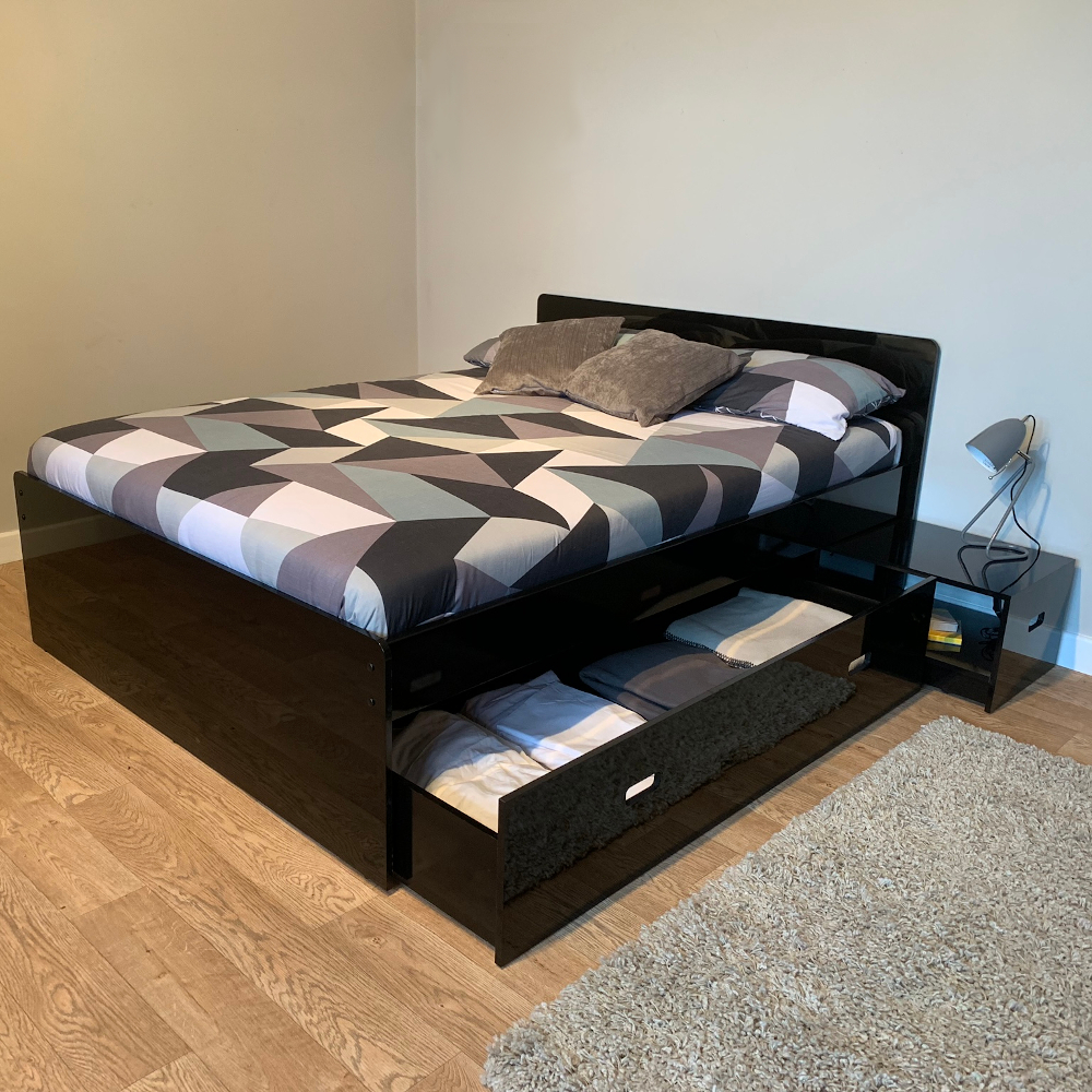 Nordika Black Gloss King Size Storage Bed, King Platform Bed With Drawers
