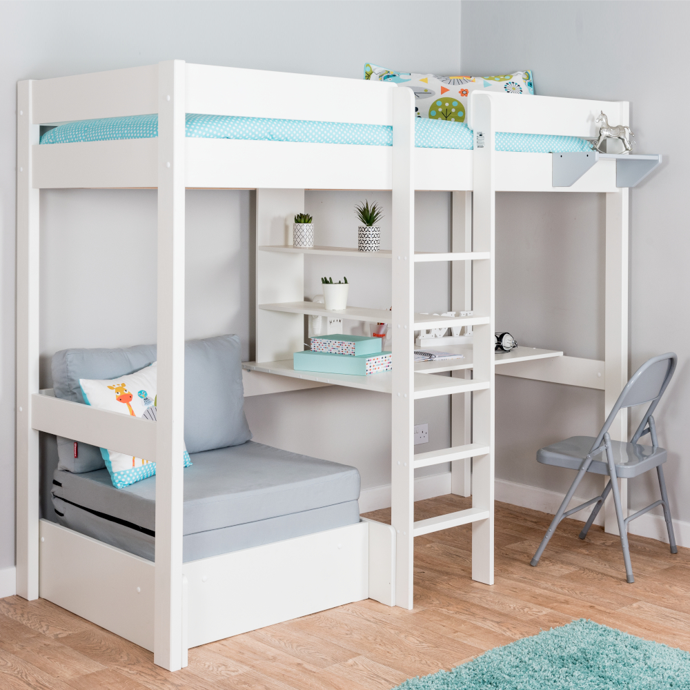 Uno 5 White High Sleeper with Pull Out Chair Bed in Grey 