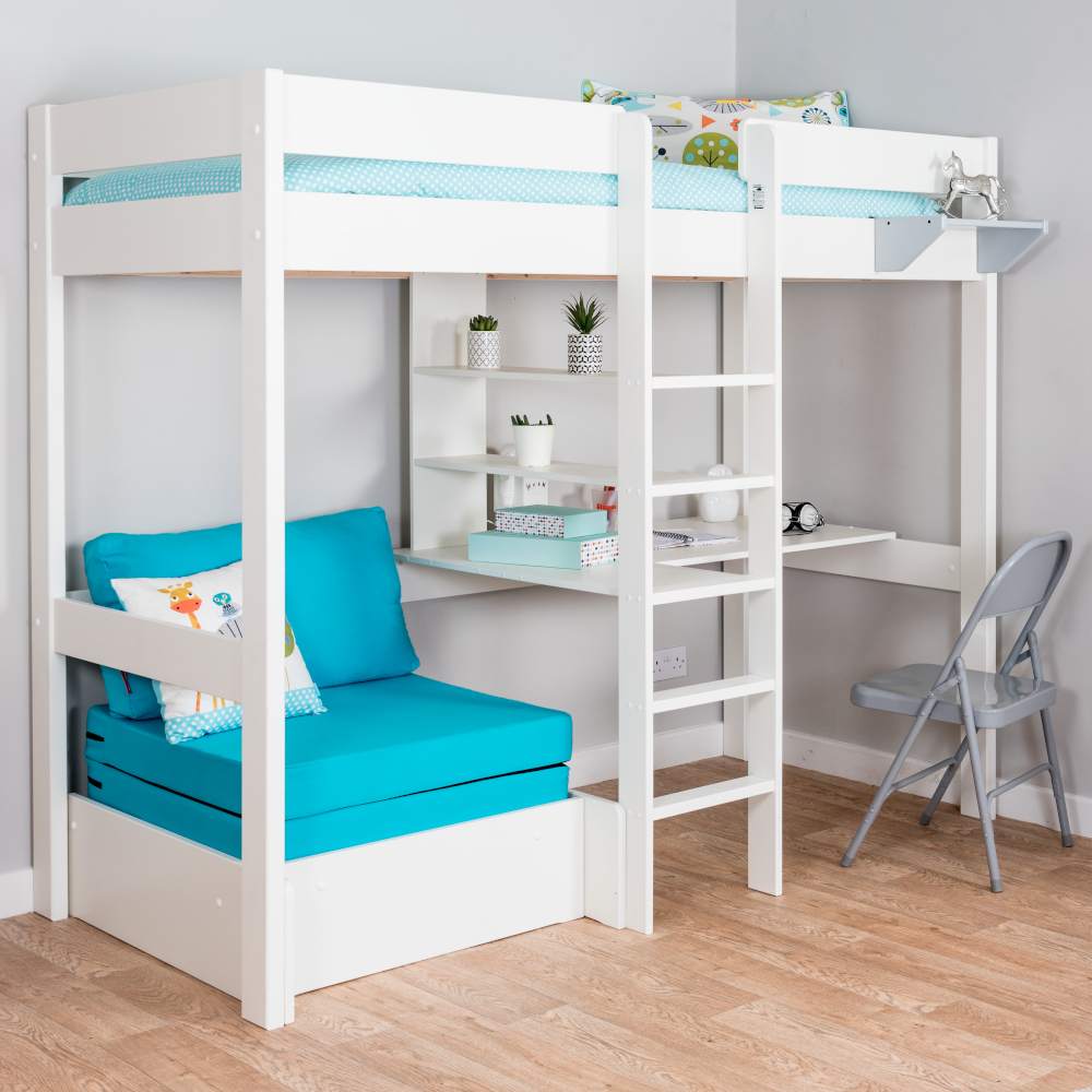 Uno 5 White High Sleeper with Pull Out Chair Bed in Aqua 