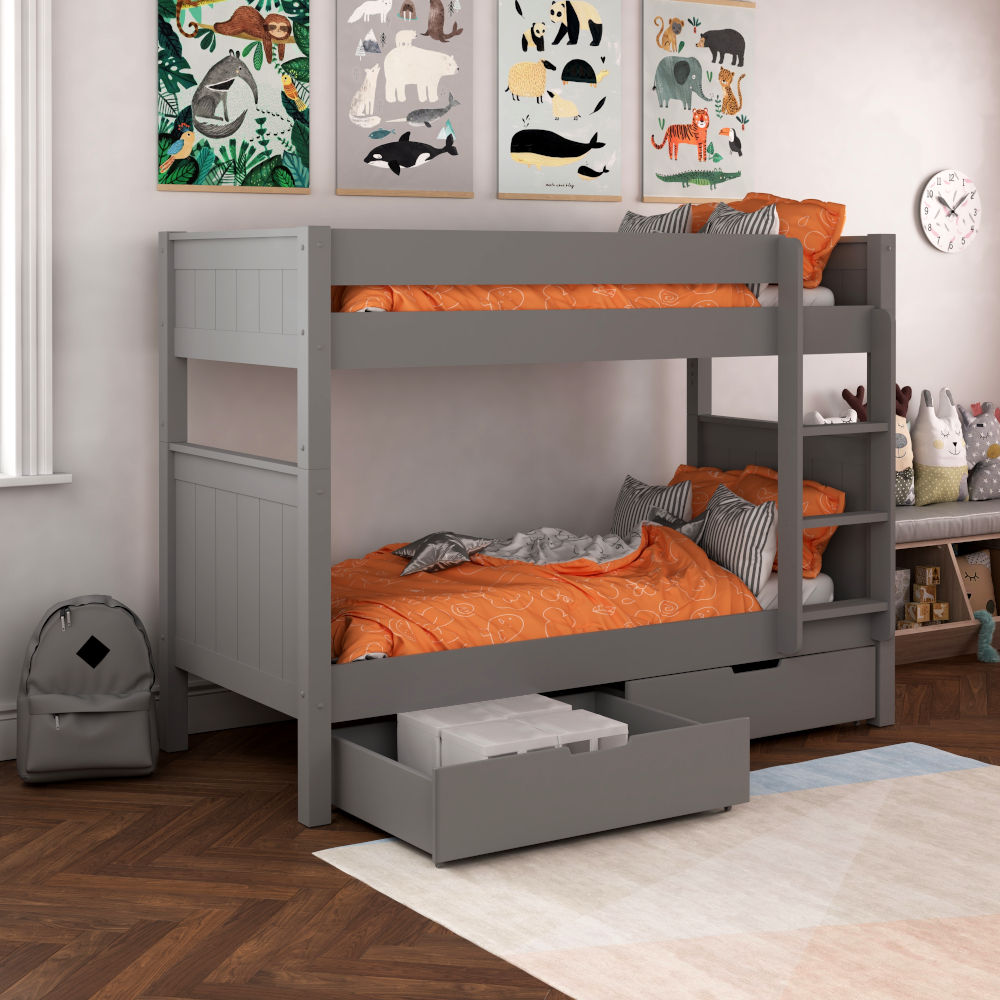 Classic Kids Bunk Bed in Grey with a Pair of Storage Drawers