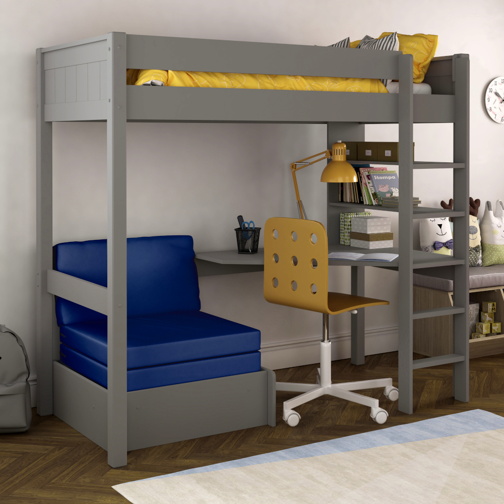 Classic Kids High Sleeper with integrated desk and shelving and pull out chair bed  UK Standard Single Size