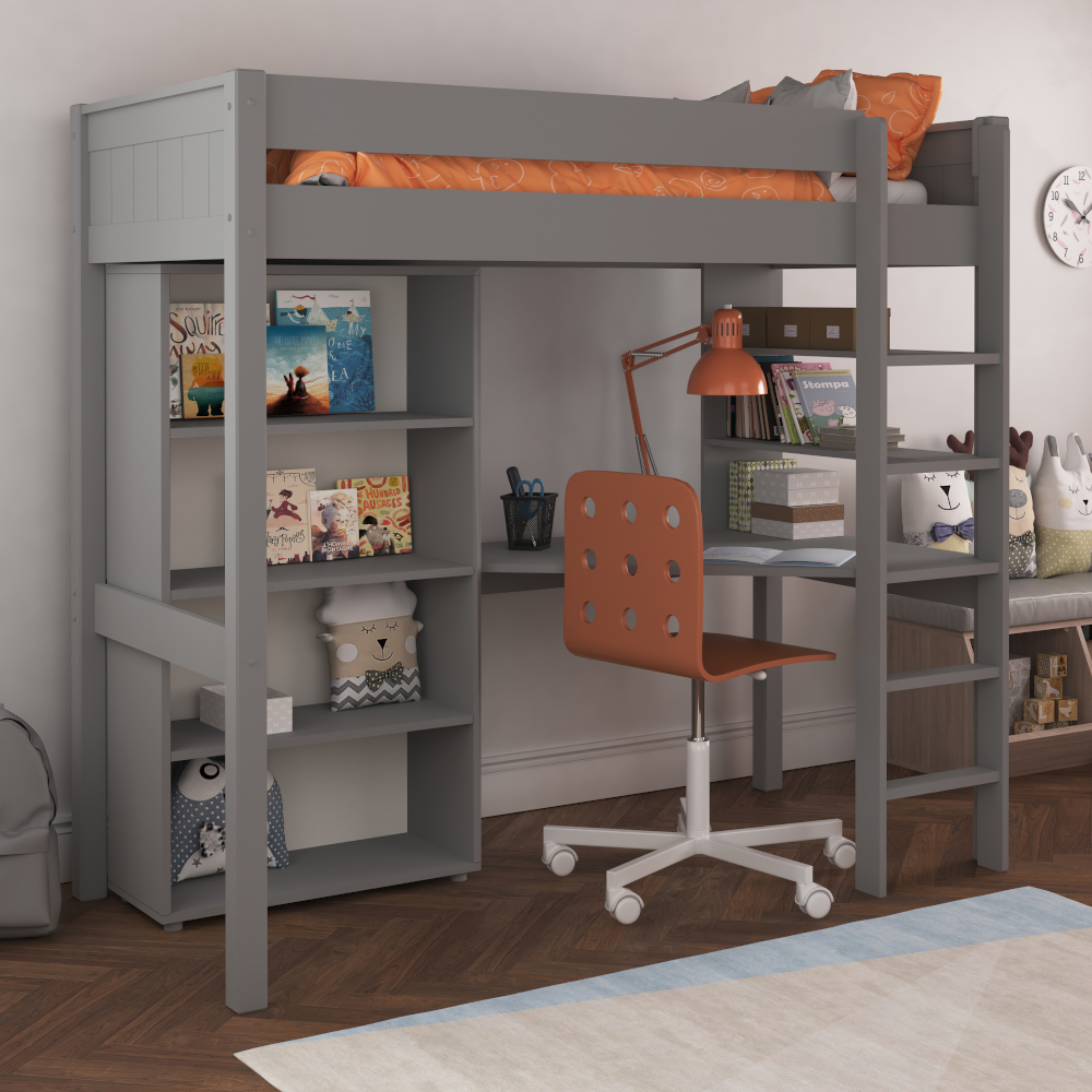Classic Kids Highsleeper in grey with integrated desk and shelving and Tall Bookcase