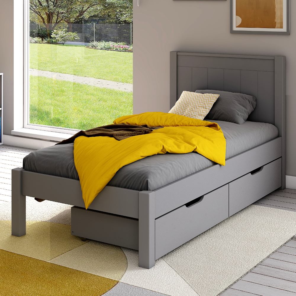 Classic Low End Single Bed in Grey with a Pair of Drawers