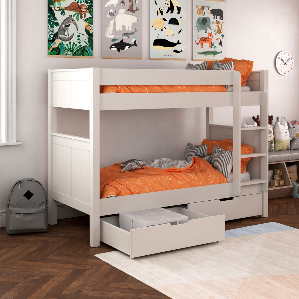 Classic Kids Bunk Bed in White with a Pair of Storage Drawers