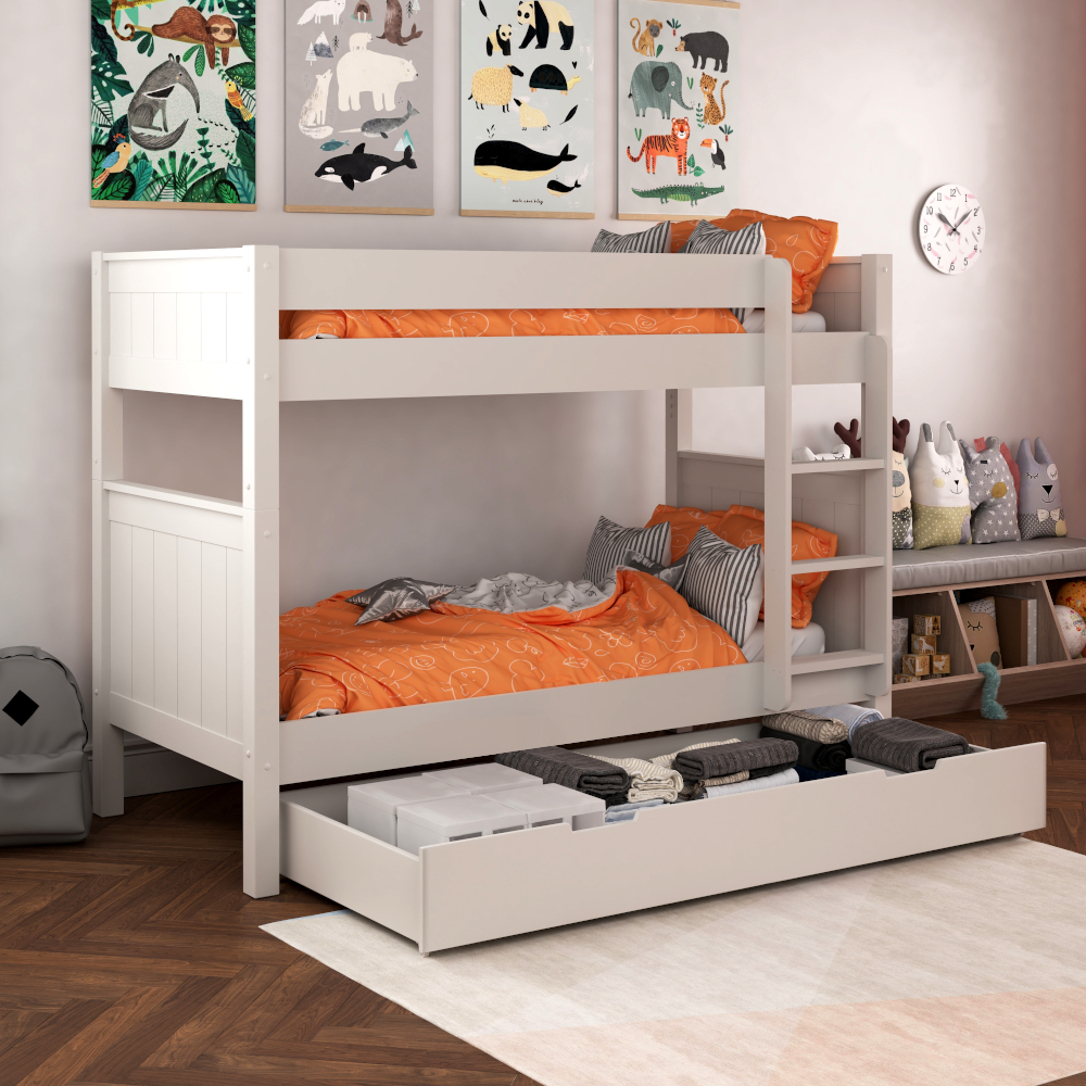 Classic Kids Bunk Bed in White with a Trundle Storage Drawer