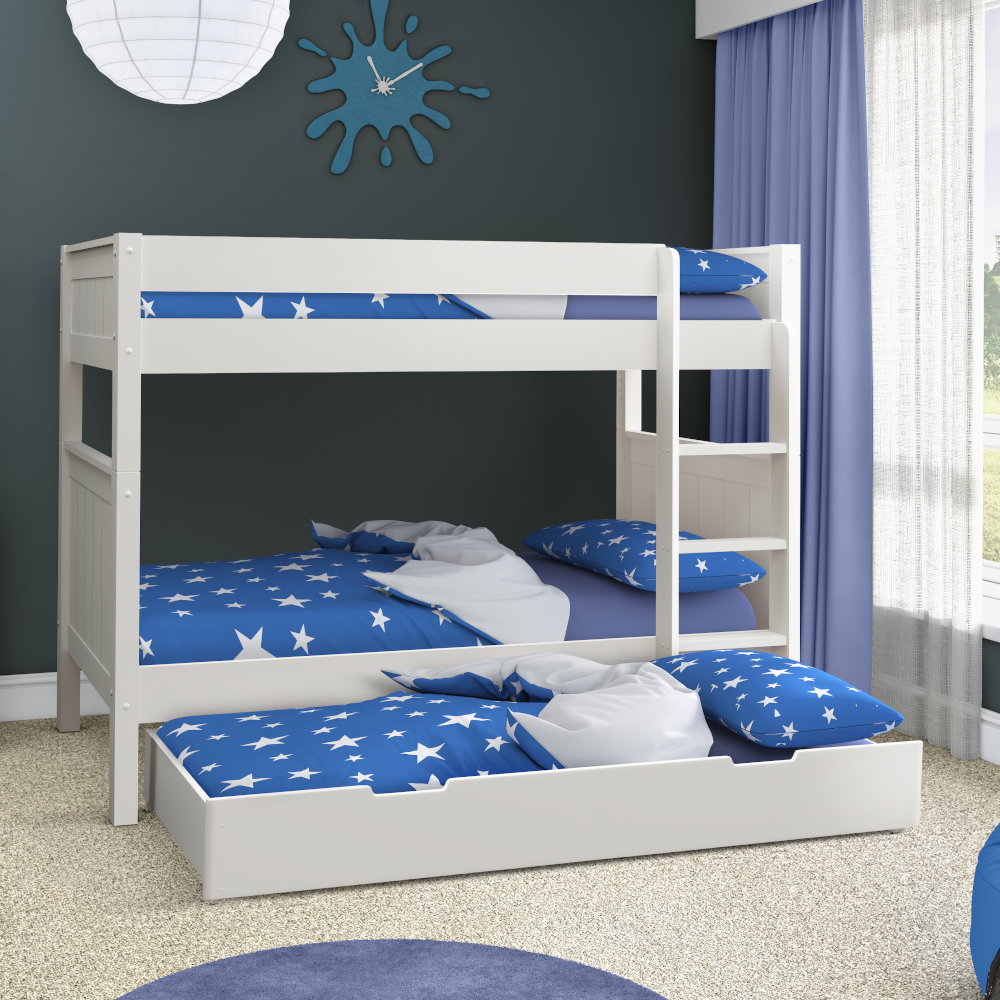 Classic Kids Bunk Bed in White with a Trundle Bed and Trundle Mattress