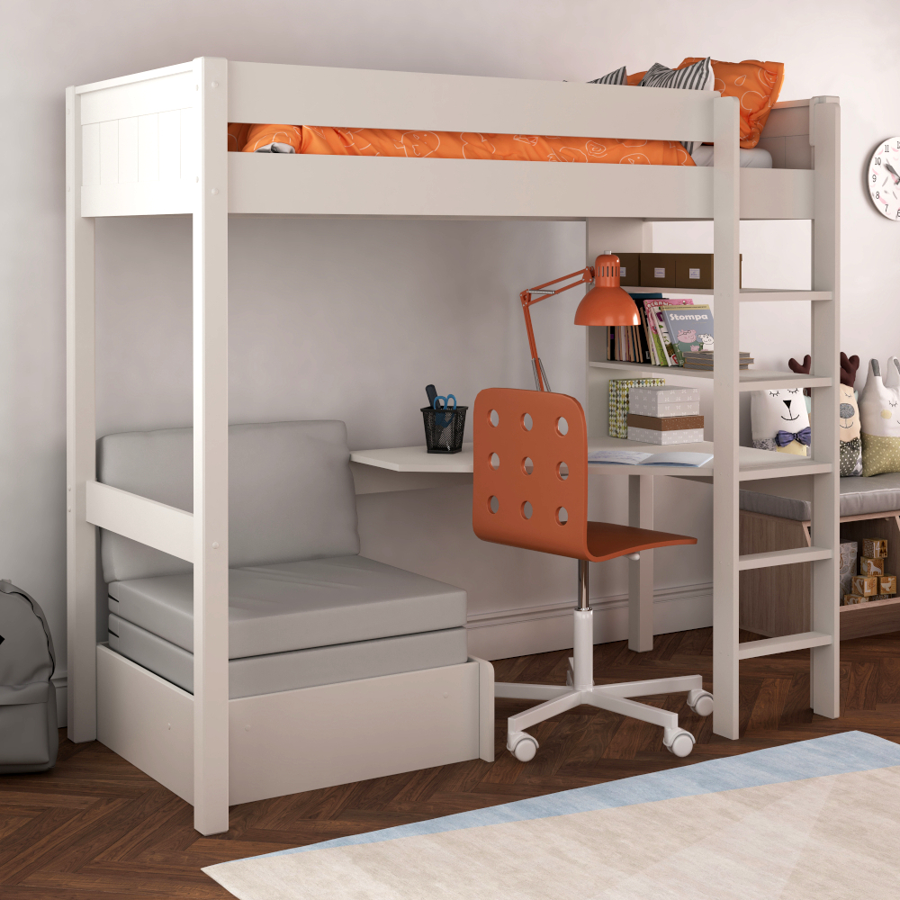 Classic Kids High Sleeper with integrated desk and shelving and pull out chair bed UK Standard Single Size