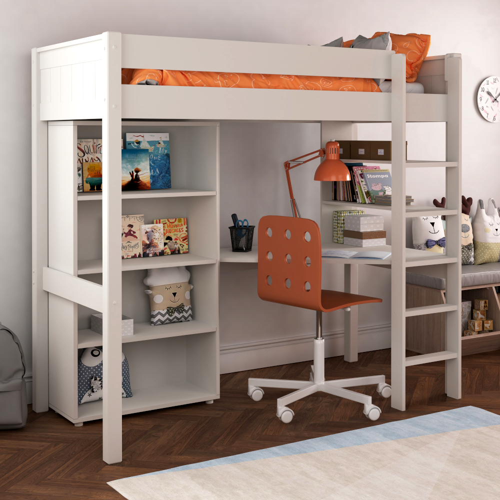 Classic Kids Highsleeper in white with integrated desk and shelving and Tall Bookcase 