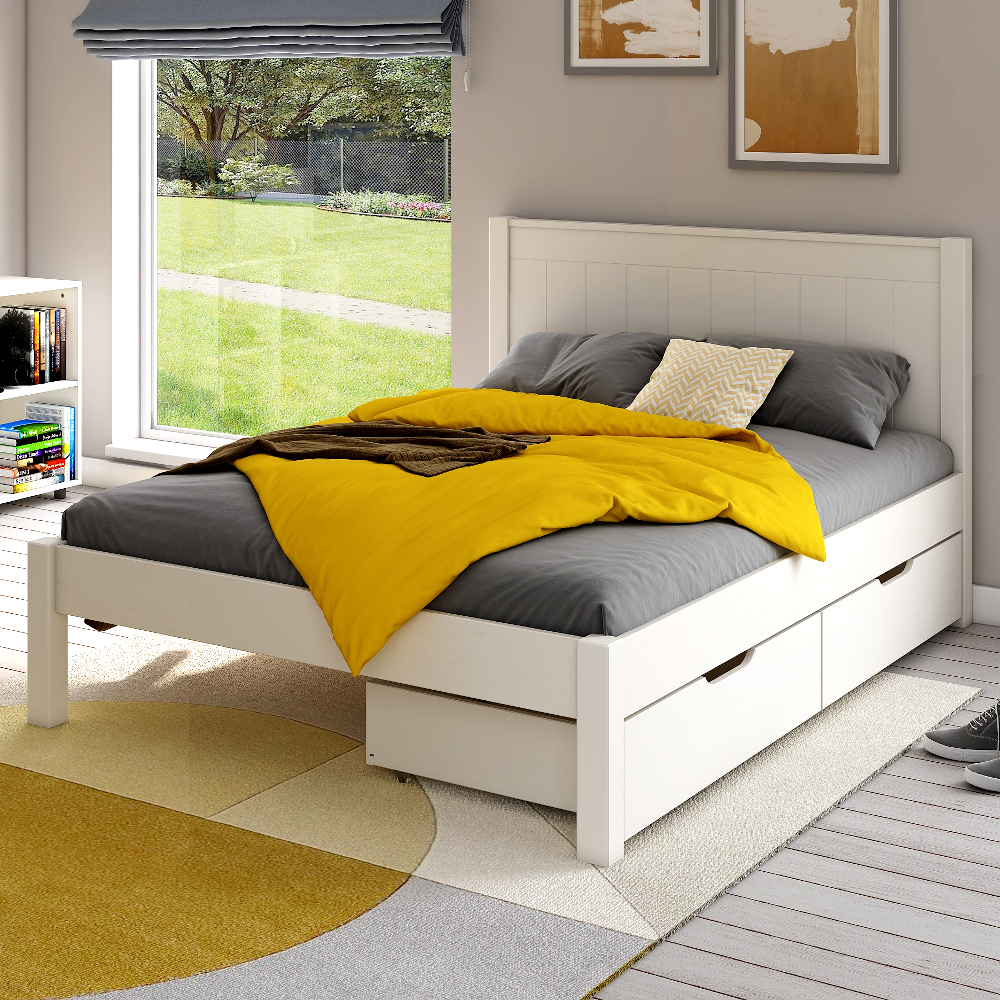 Classic Low End Double Bed in White with a Pair of Drawers
