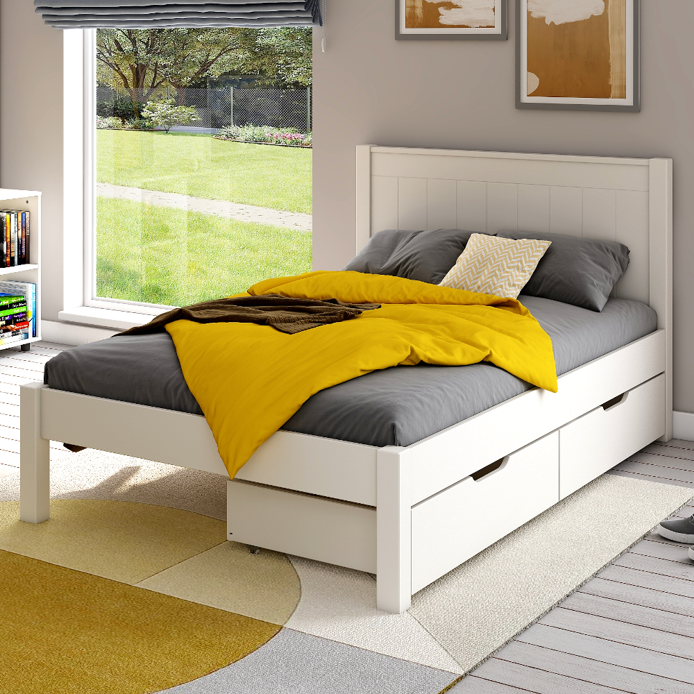Classic Low End Small Double Bed in White with a Pair of Drawers