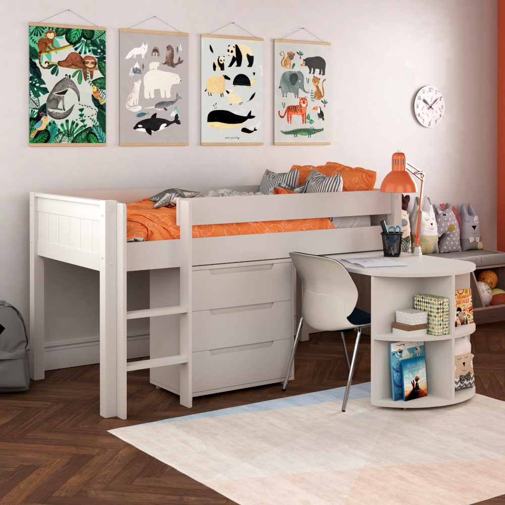 Classic Kids Mid Sleeper + Pull Out Desk and 3 Drawer chest Standard UK Single Size