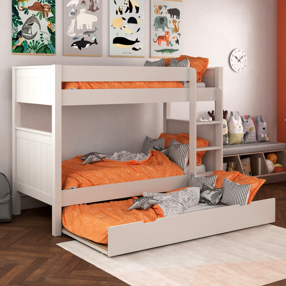Classic Kids Bunk Bed  in White with full size trundle bed  including a free trundle mattress