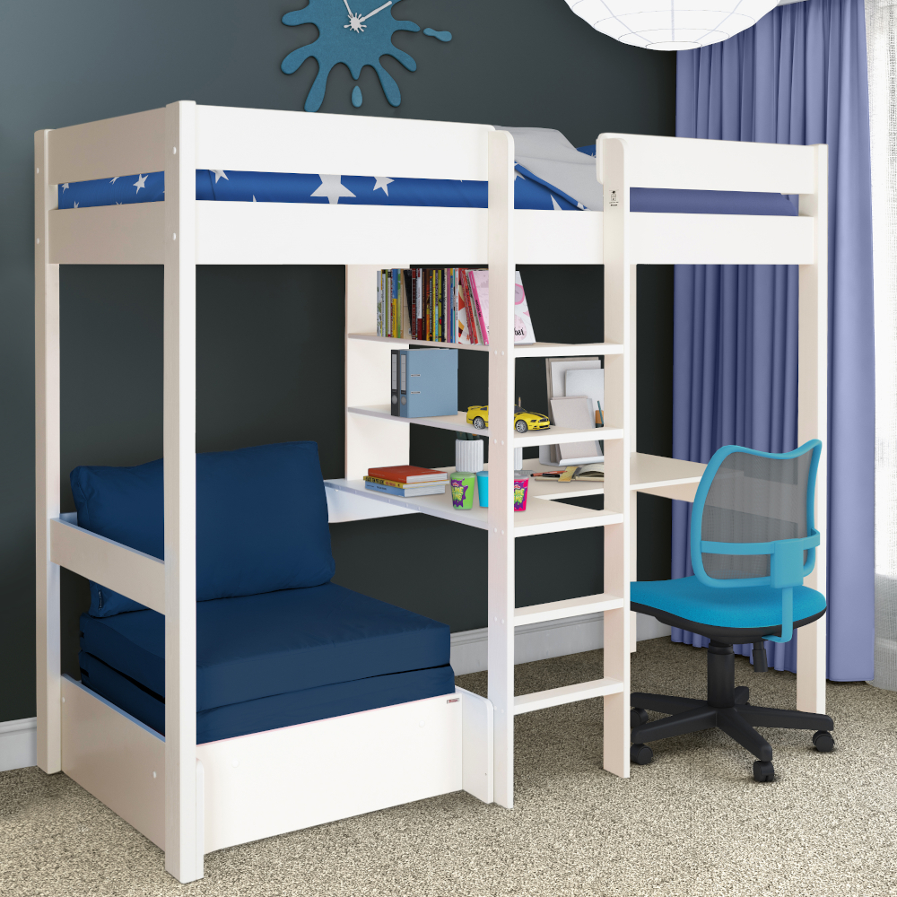 Uno 5 White Highsleeper with Desk + Pullout Chairbed with Blue Cushion Set