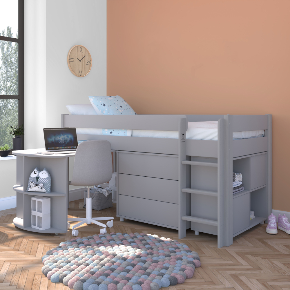 Uno Grey Midsleeper with Pull Out Desk  Cube Unit+Doors and 3 Drawer Chest