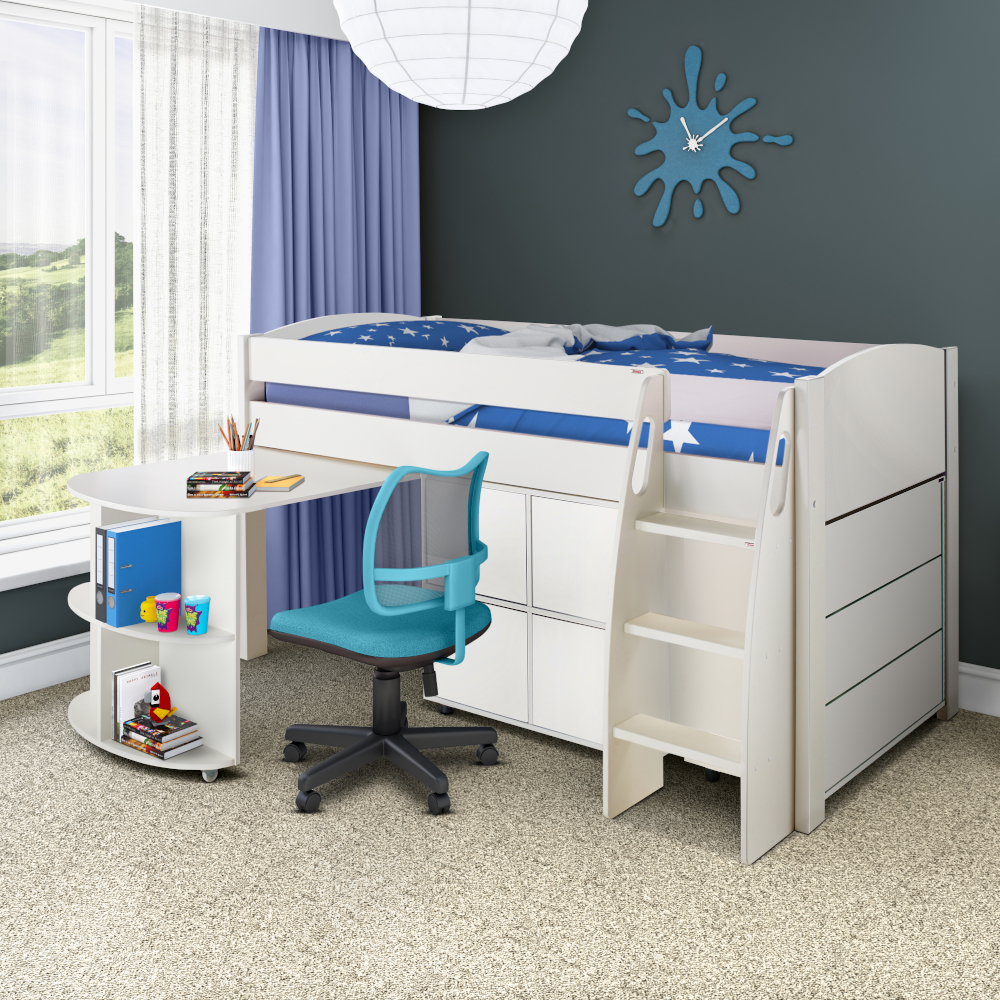 Uno S Midsleeper incl. Pull Out Desk, Chest of Drawers & Cube Unit with 4 White Doors - White Headboards 