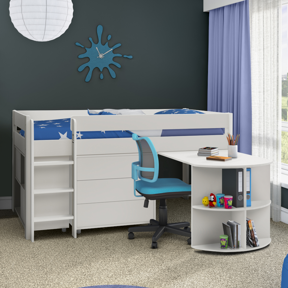 Uno White Midsleeper with Pull Out Desk Cube Unit+Doors and 3 Drawer Chest