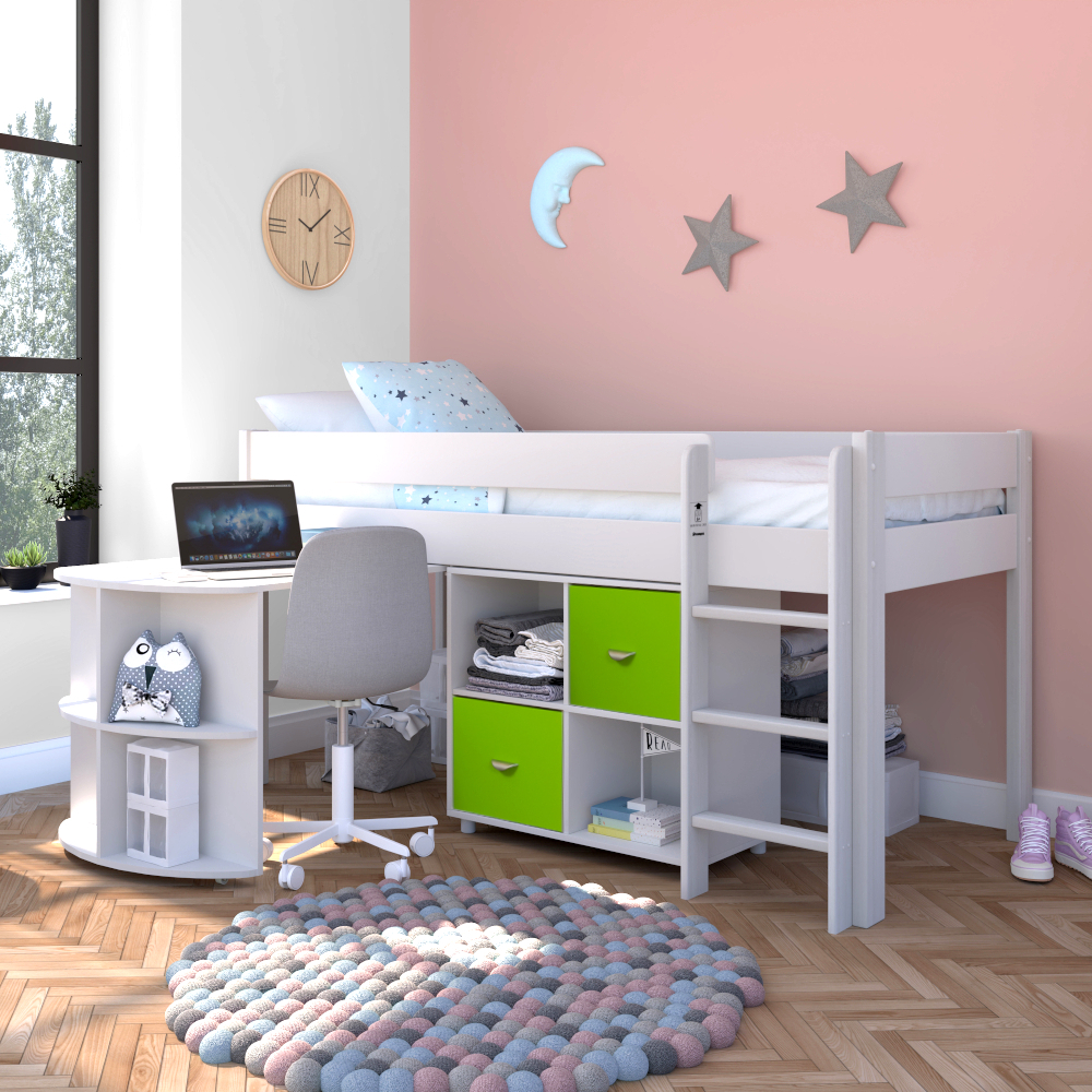 Uno 1a White Midsleeper Frame + Pullout Desk + 1 x Cube Unit Lime Green