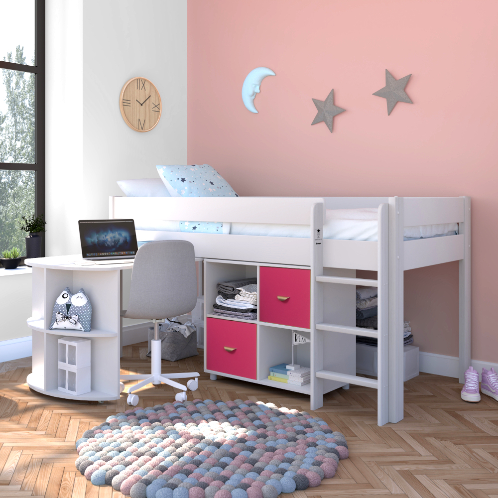 Uno 1a White Midsleeper Frame + Pullout Desk + 1 x Cube Unit Pink