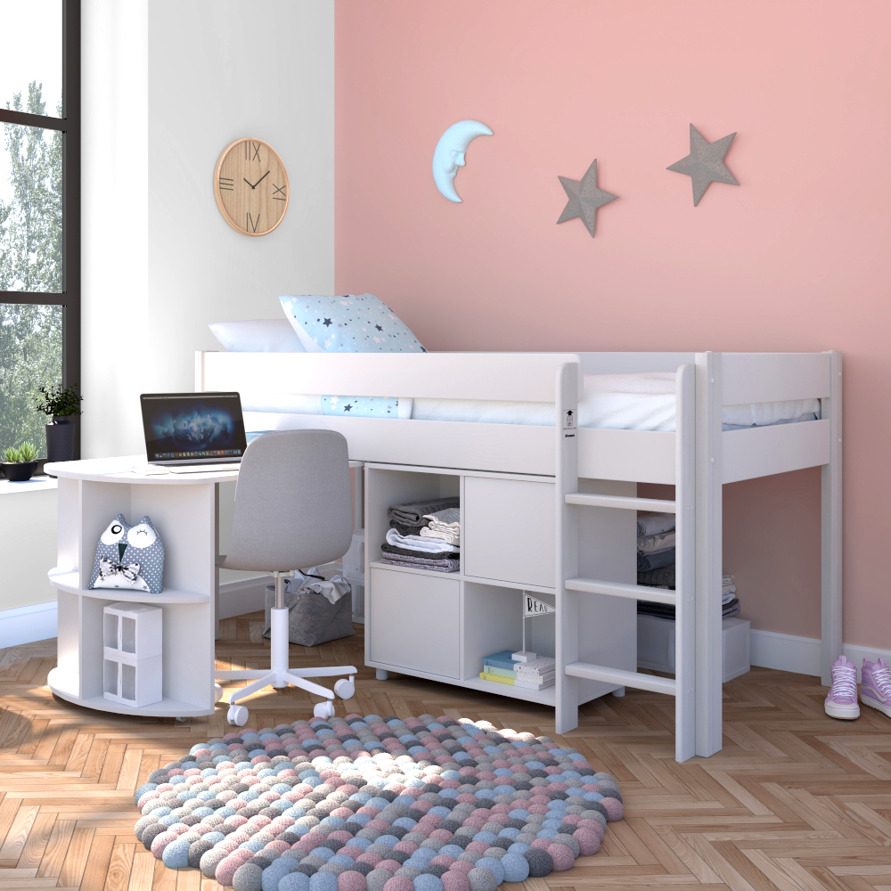 Uno 1a White Mid Sleeper Frame + Pullout Desk + 1 x Cube Unit