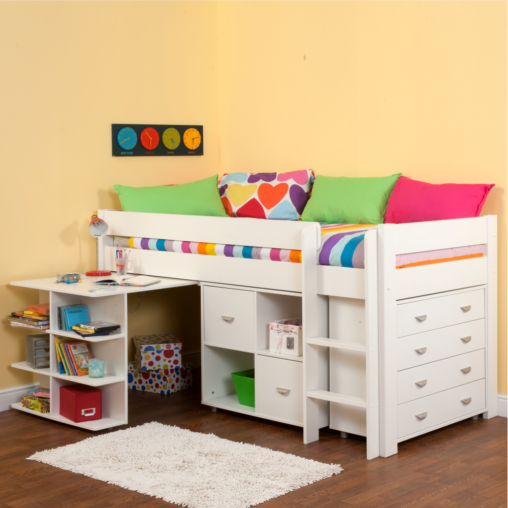 Uno 3a White Mid Sleeper Frame + Pullout Desk + 1 x Cube Unit + 4drw chest