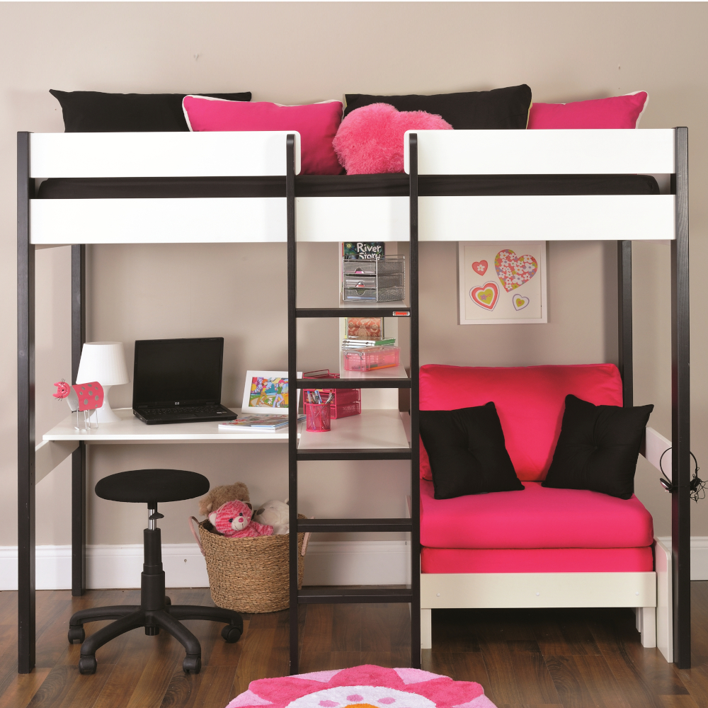 Uno 5 Nero Highsleeper with Desk + Pullout Chairbed with Pink Cushion Set