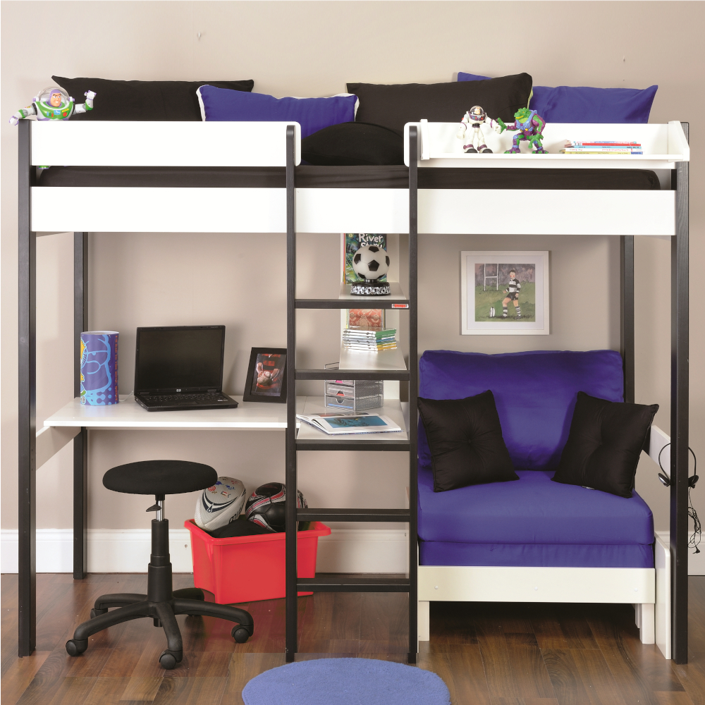 Uno 5 Nero Highsleeper with Desk + Pullout Chairbed with Blue Cushion Set