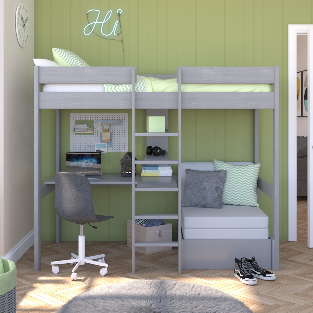 Uno 5 Grey Highsleeper with Desk + Pullout Chairbed with Grey Cushion Set