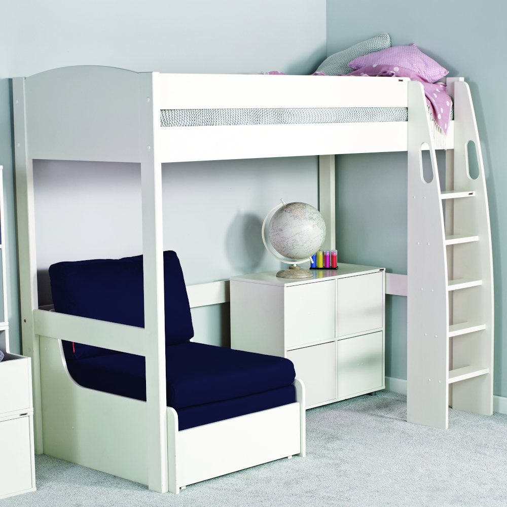 Uno S Highsleeper incl. Chair Bed in Blue & Cube Unit with 4 White Doors - White Headboards