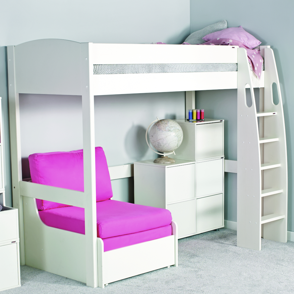 Uno S Highsleeper incl. Chair Bed in Pink & Cube Unit with 4 White Doors - White Headboards