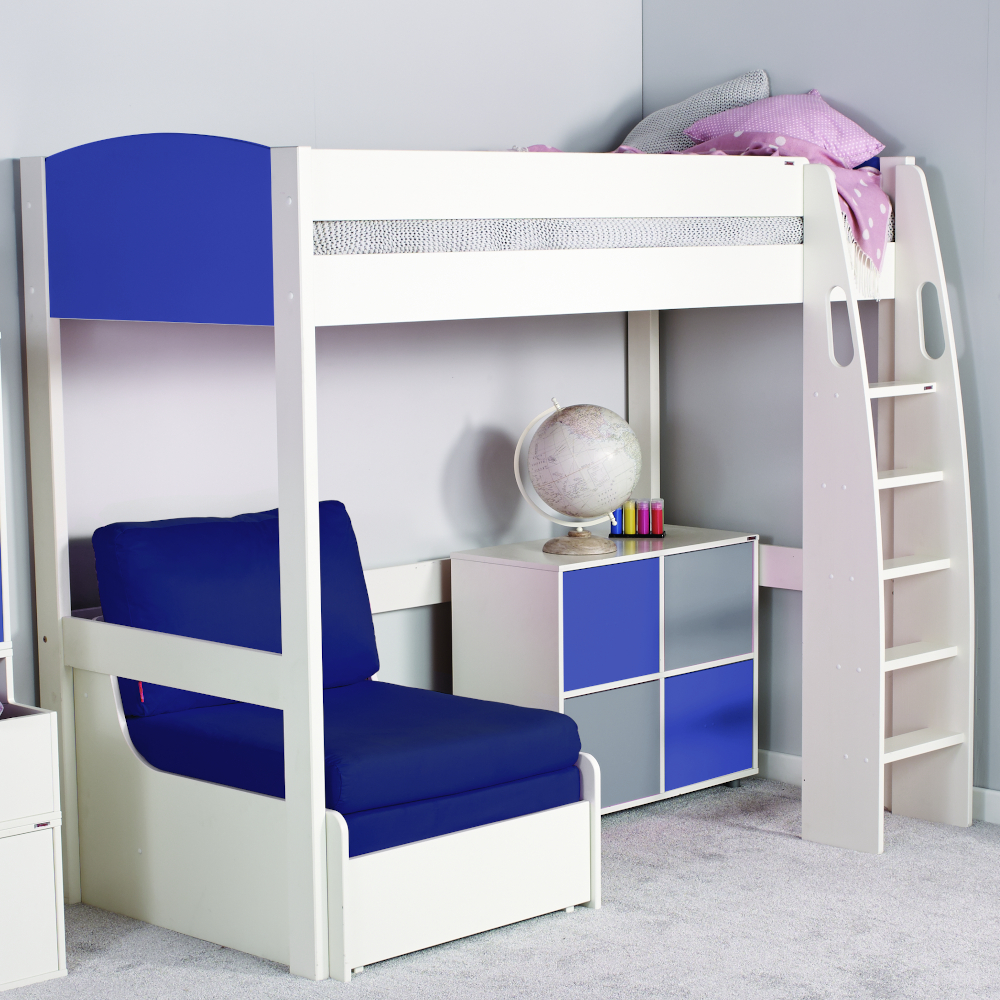 Uno S Highsleeper incl. Chair Bed in Blue & Cube Unit with 2 Blue+2 Grey Doors - Blue Headboards