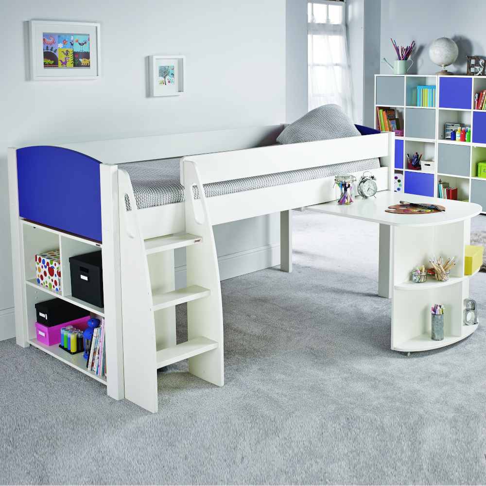 Uno S Midsleeper incl. Pull Out Desk & Cube Unit no doors - Blue Headboards