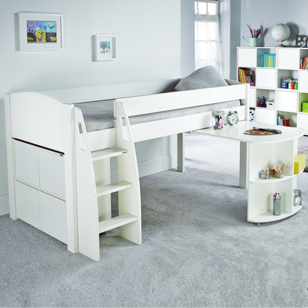 Uno S Midsleeper incl. Pull Out Desk & Cube Unit with 4 White Doors - White Headboards
